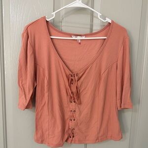 Pink Tie Front Quarter Sleeve Crop
